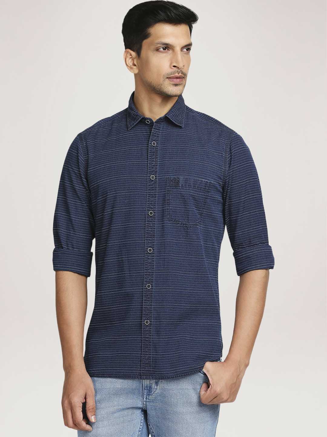 Men Indigo Tailored Fit Stripe Cotton Blend Full Sleeve Shirts - Image 4