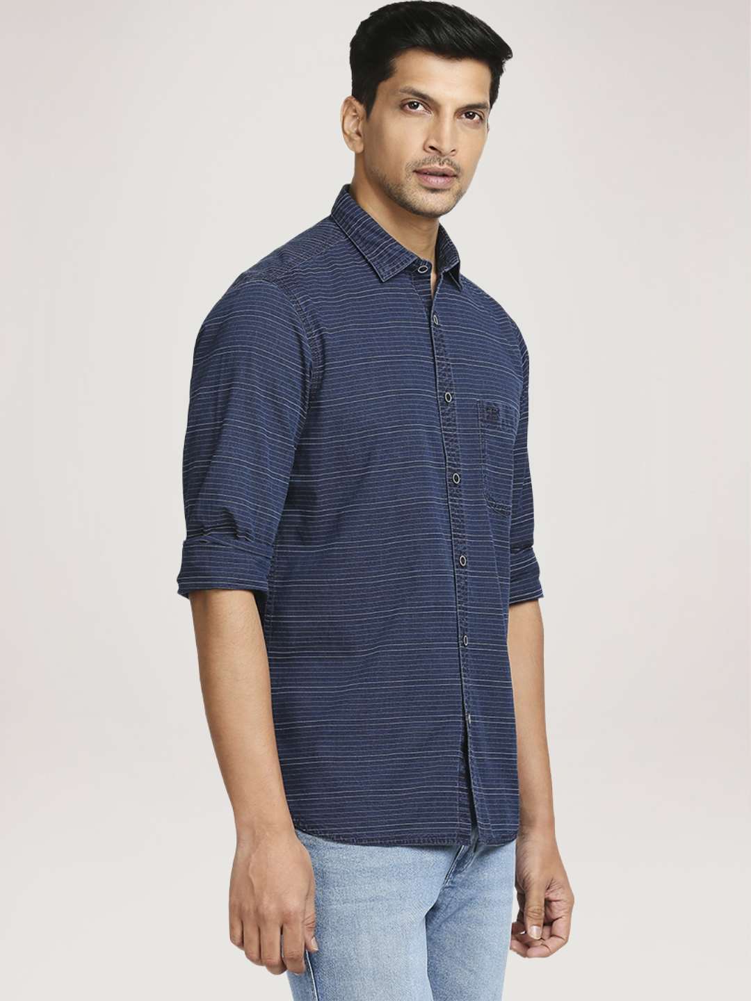 Men Indigo Tailored Fit Stripe Cotton Blend Full Sleeve Shirts - Image 5