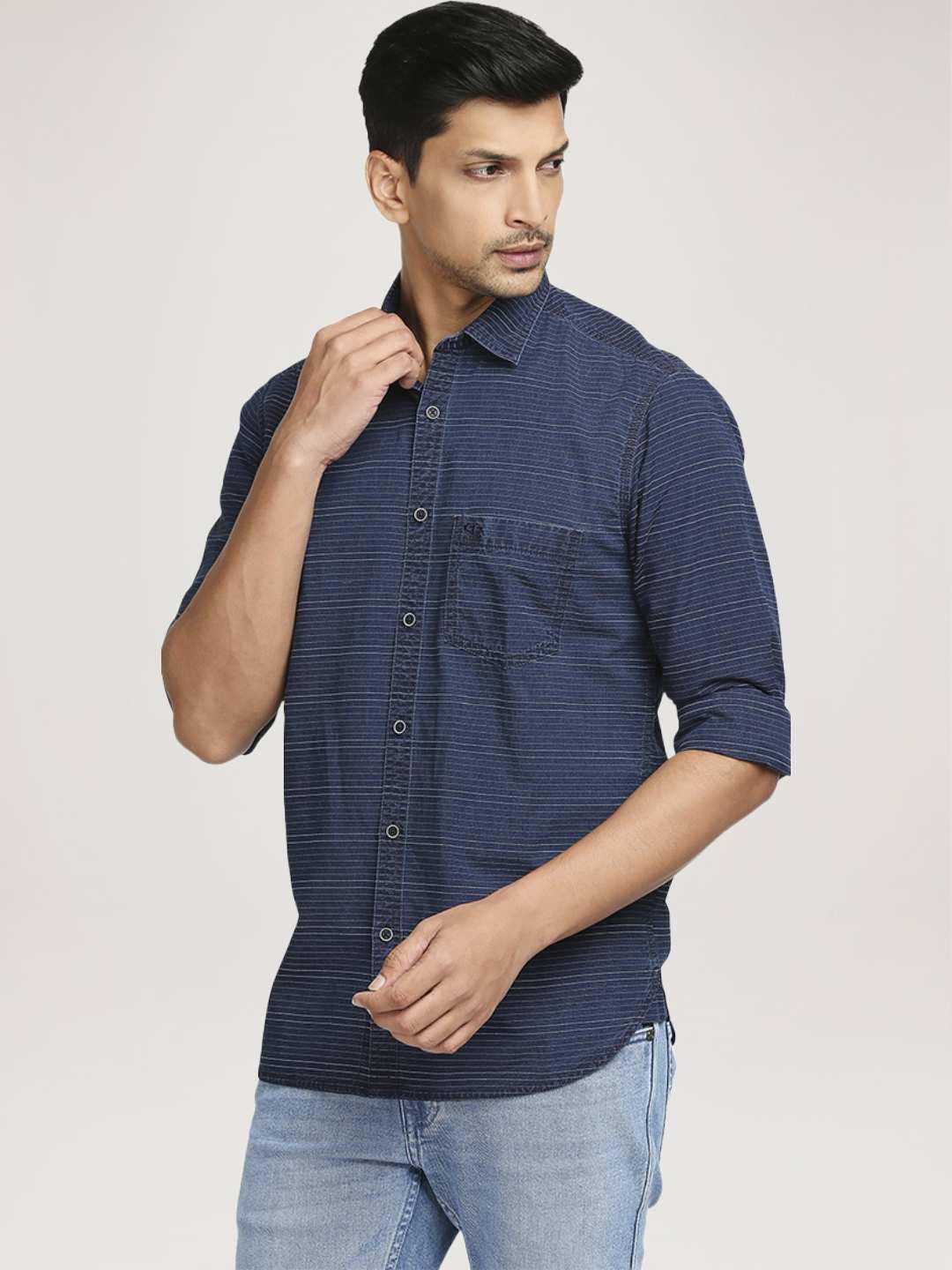 Men Indigo Tailored Fit Stripe Cotton Blend Full Sleeve Shirts - Image 6