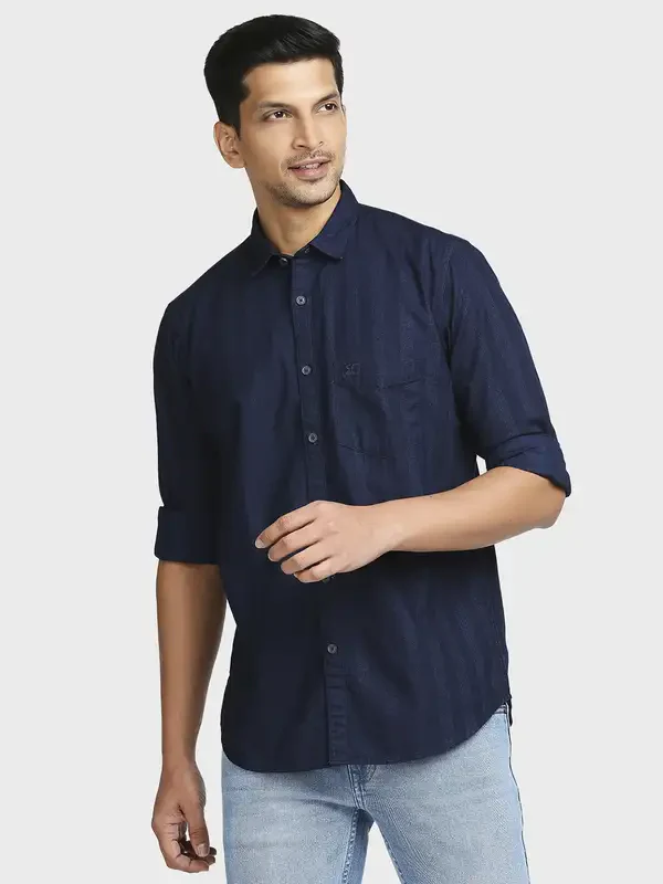 Men Indigo Tailored Fit Stripe Cotton Full Sleeve Shirts