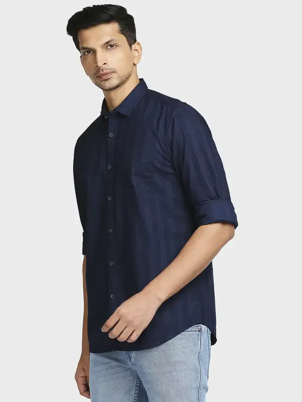 Men Indigo Tailored Fit Stripe Cotton Full Sleeve Shirts - Image 3