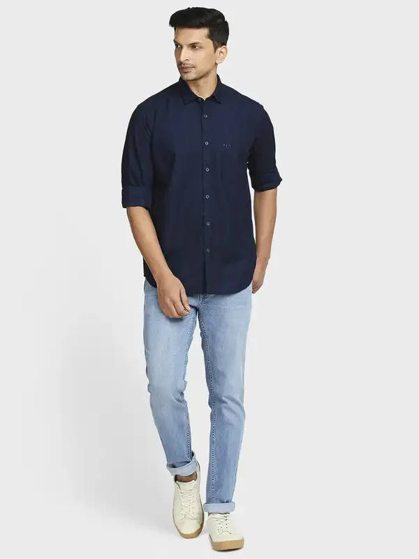 Men Indigo Tailored Fit Stripe Cotton Full Sleeve Shirts - Image 5