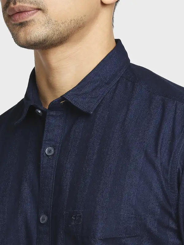 Men Indigo Tailored Fit Stripe Cotton Full Sleeve Shirts - Image 6