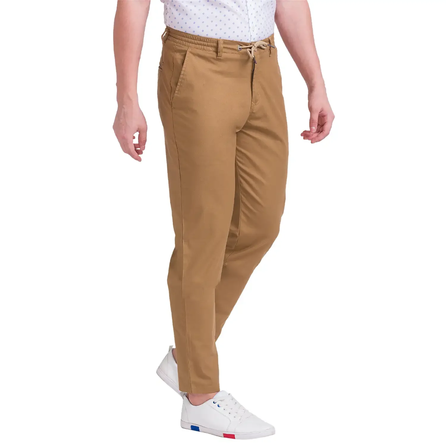 Men Khaki Comfort Fit Solid Cotton Blend Trouser - Image 2
