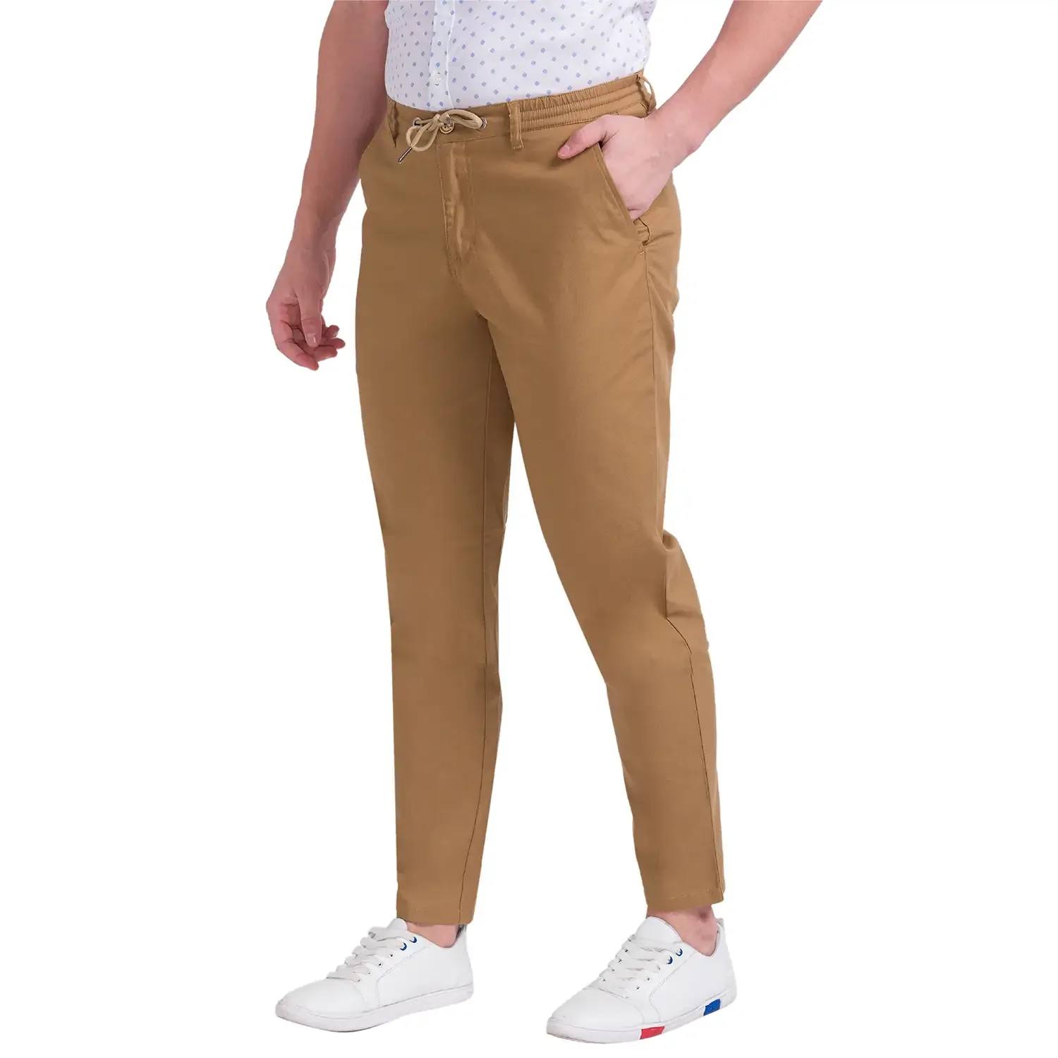 Men Khaki Comfort Fit Solid Cotton Blend Trouser - Image 3
