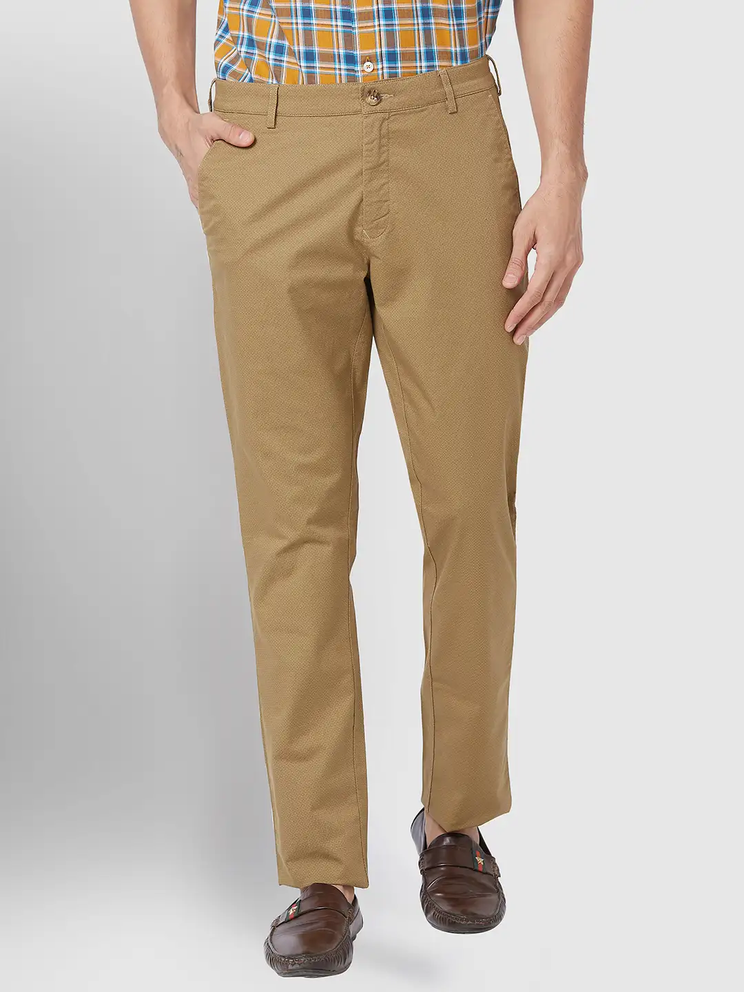 Men Khaki Contemporary Fit Print Cotton Blend Trouser