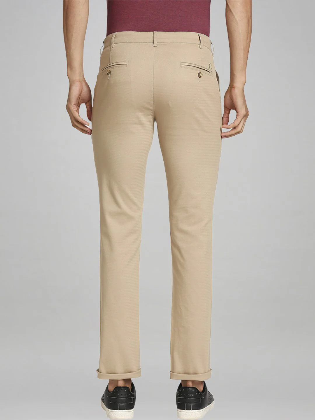 Men Khaki Contemporary Fit Solid Cotton Blend Trouser - Image 3