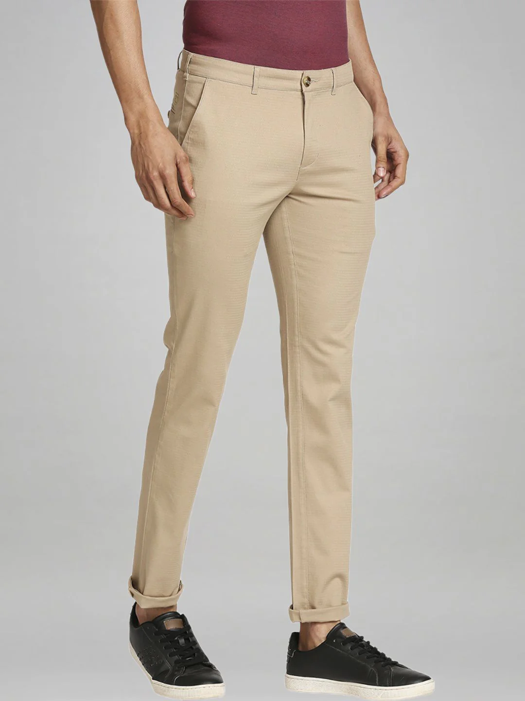 Men Khaki Contemporary Fit Solid Cotton Blend Trouser - Image 4