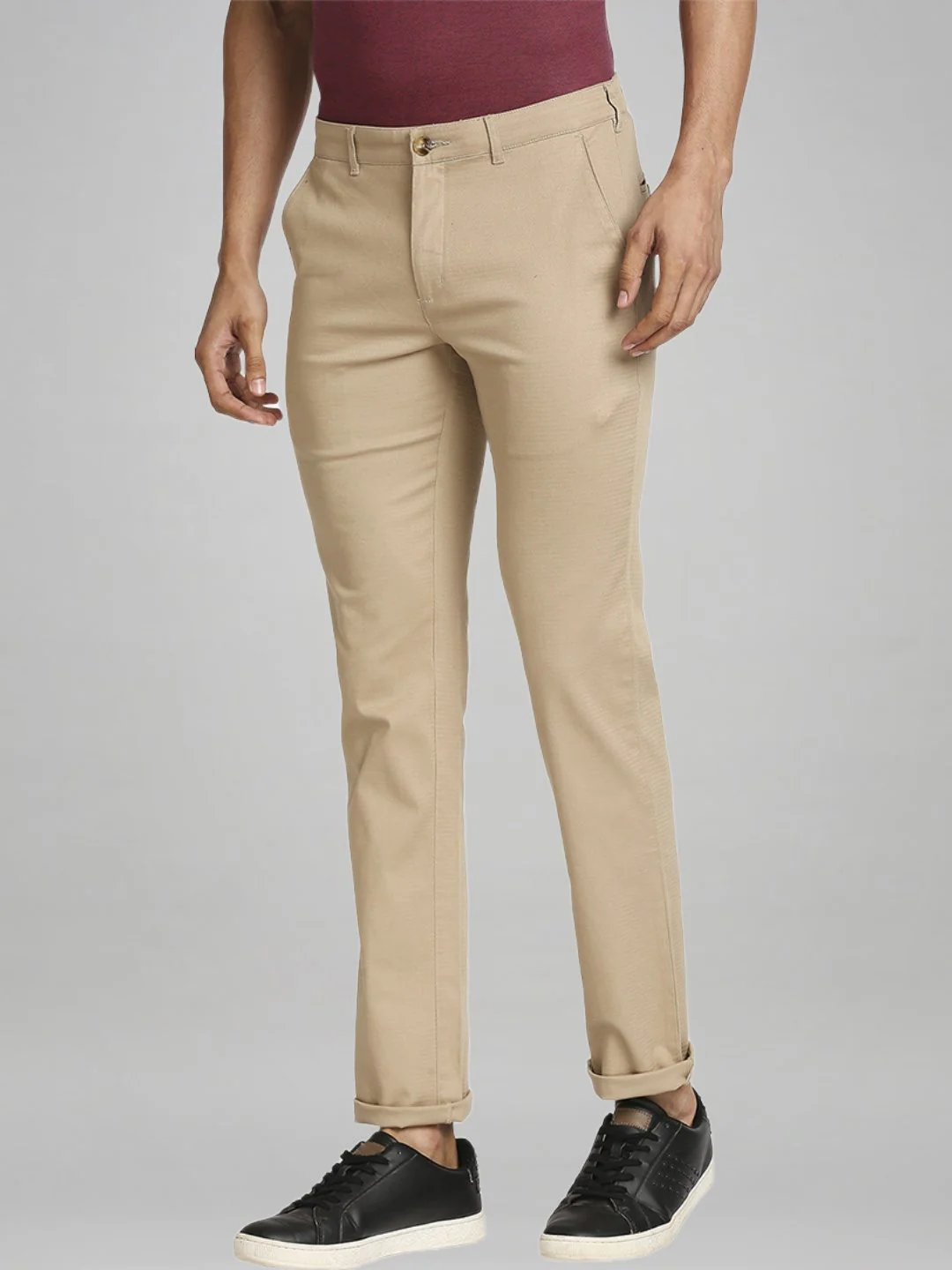 Men Khaki Contemporary Fit Solid Cotton Blend Trouser - Image 5