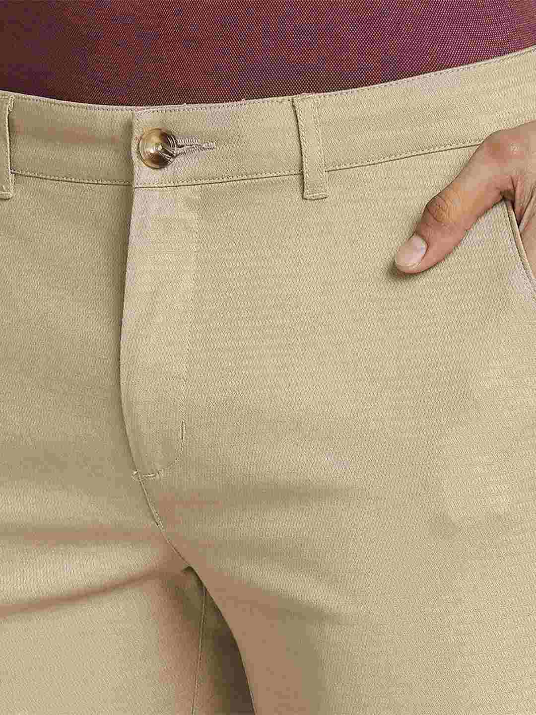 Men Khaki Contemporary Fit Solid Cotton Blend Trouser - Image 6