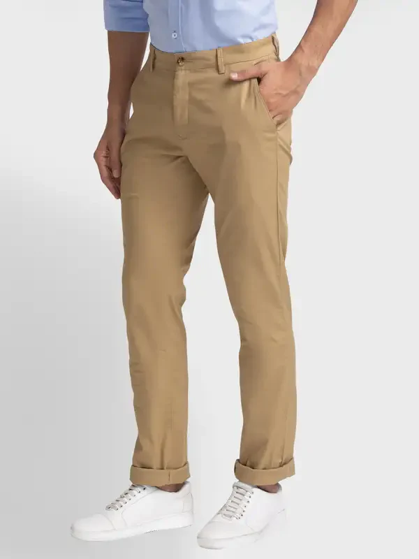 Men Khaki Contemporary Fit Solid Piece Dyed Cotton Blend Trouser - Image 3