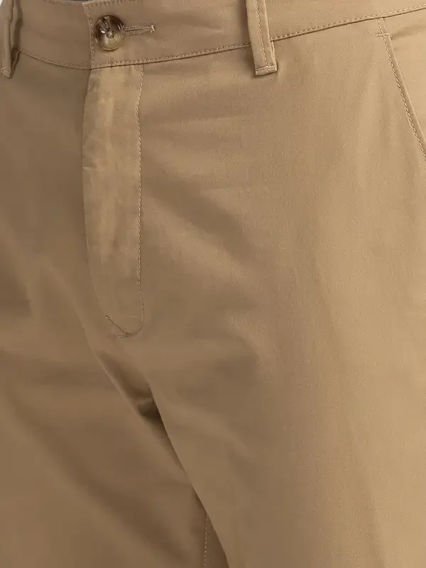 Men Khaki Contemporary Fit Solid Piece Dyed Cotton Blend Trouser - Image 6