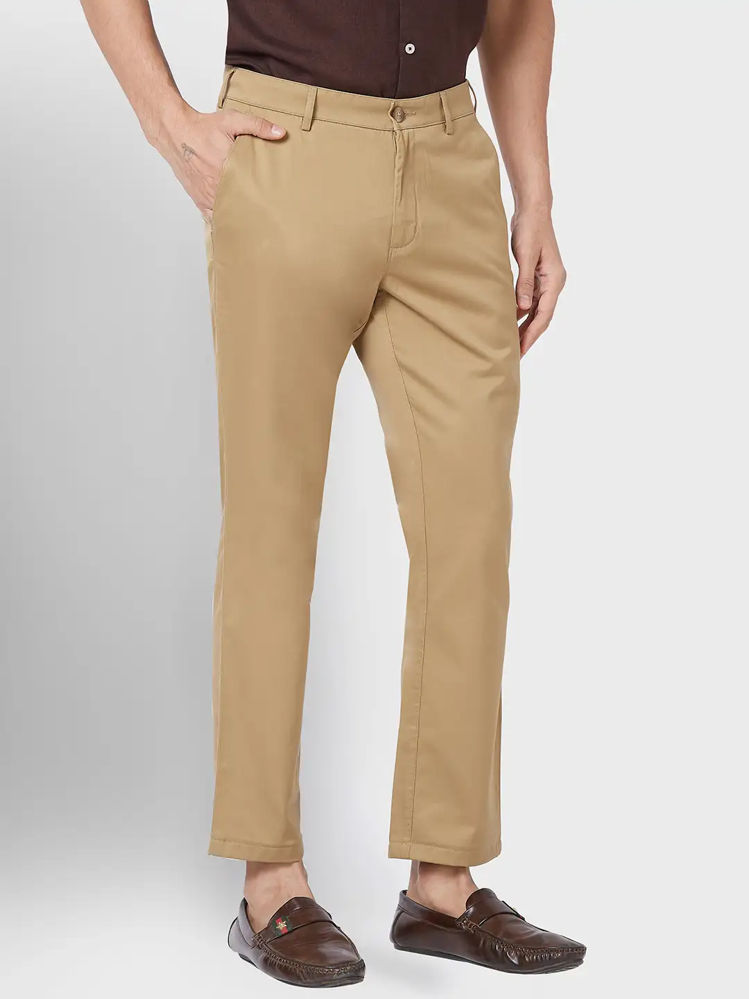 Men Khaki Contemporary Fit Solid Piece Dyed Cotton Trouser - Image 2