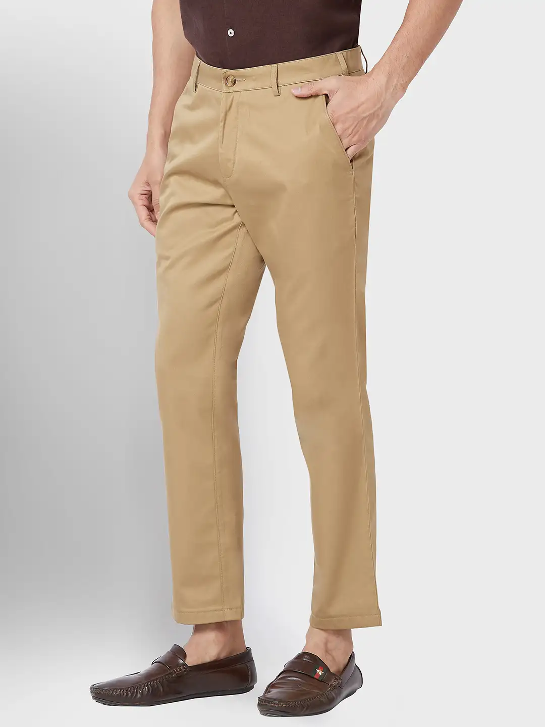 Men Khaki Contemporary Fit Solid Piece Dyed Cotton Trouser - Image 3