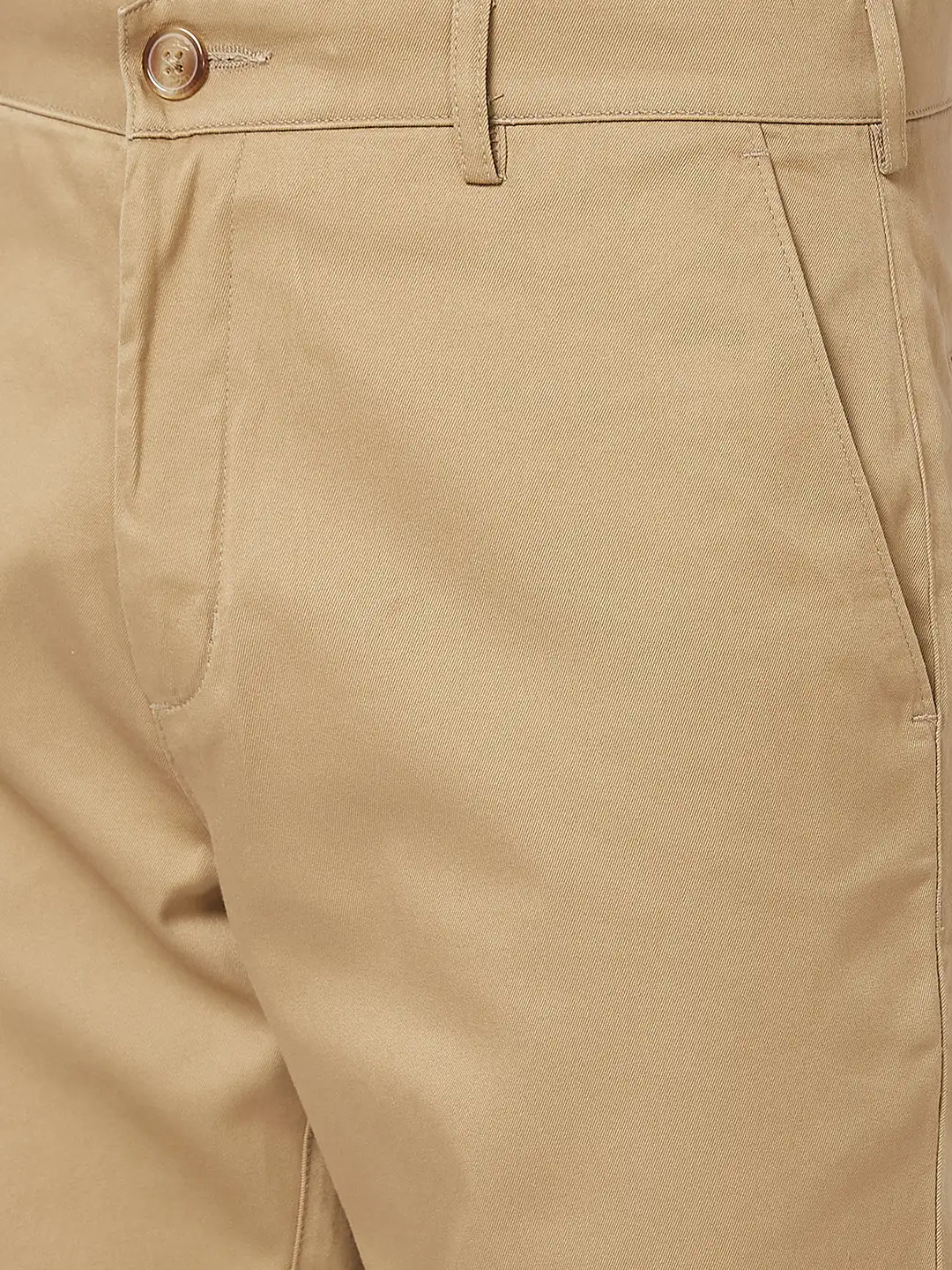 Men Khaki Contemporary Fit Solid Piece Dyed Cotton Trouser - Image 6