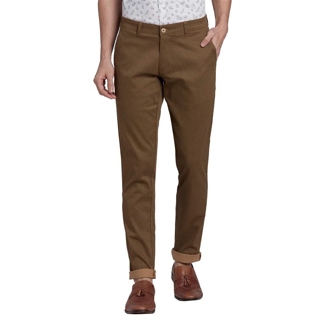 Men Khaki Low Rise Tapered Fit Print Cotton Blend Trouser