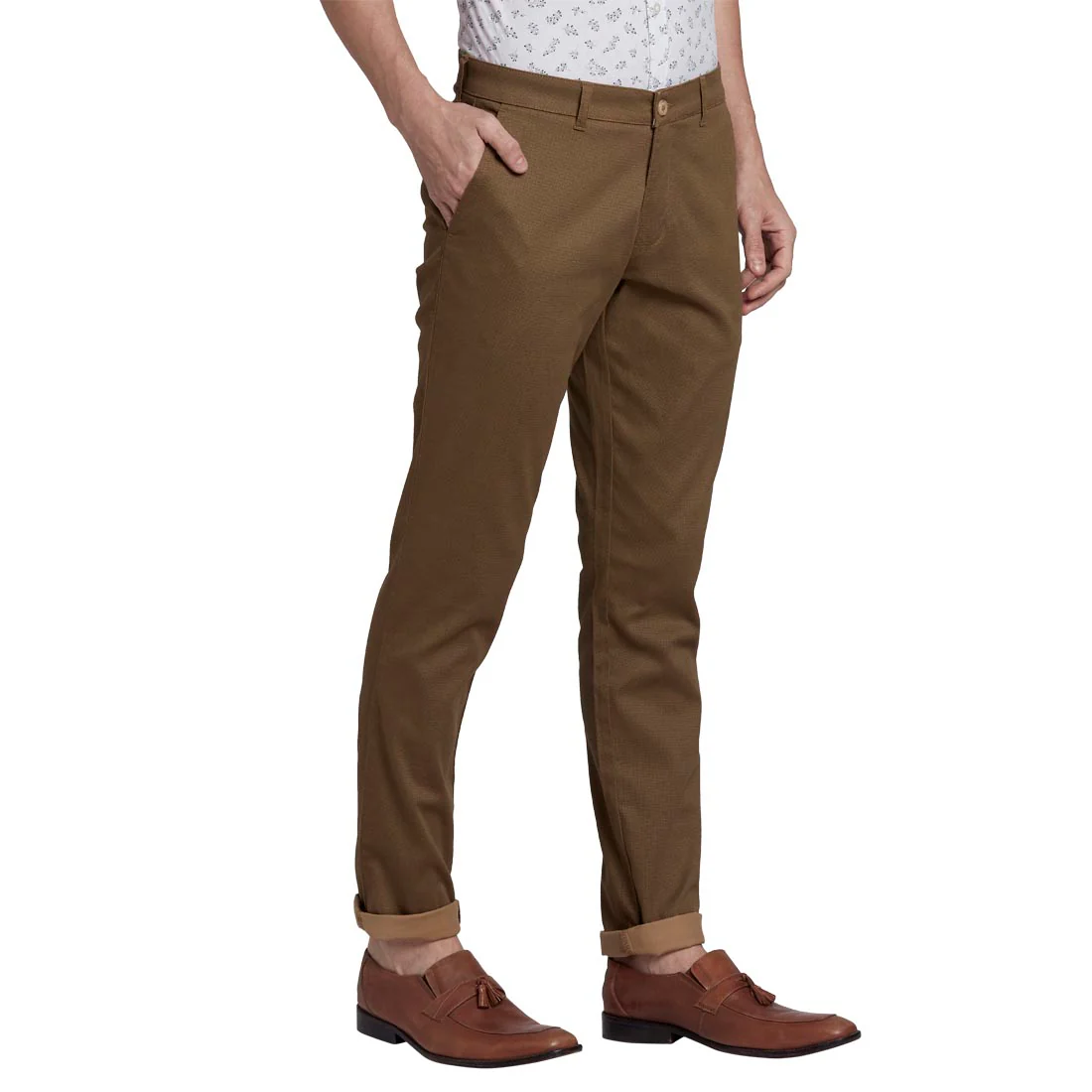 Men Khaki Low Rise Tapered Fit Print Cotton Blend Trouser - Image 2