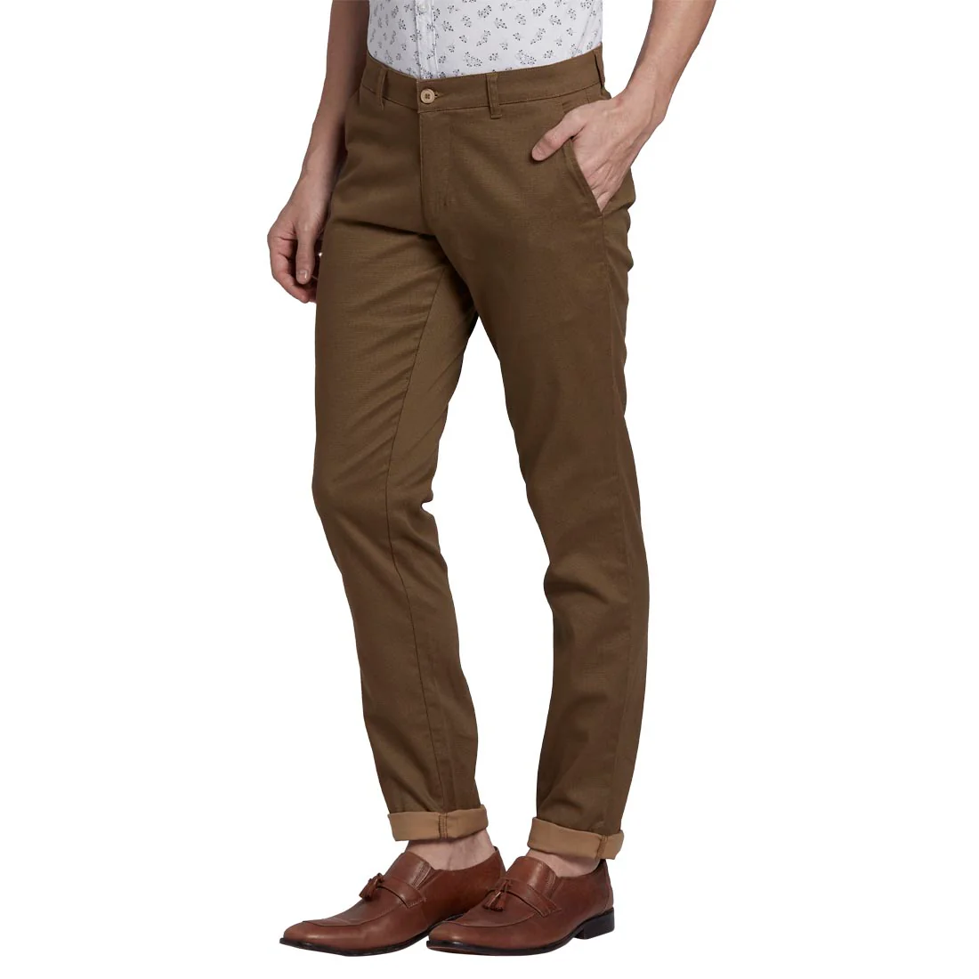 Men Khaki Low Rise Tapered Fit Print Cotton Blend Trouser - Image 3