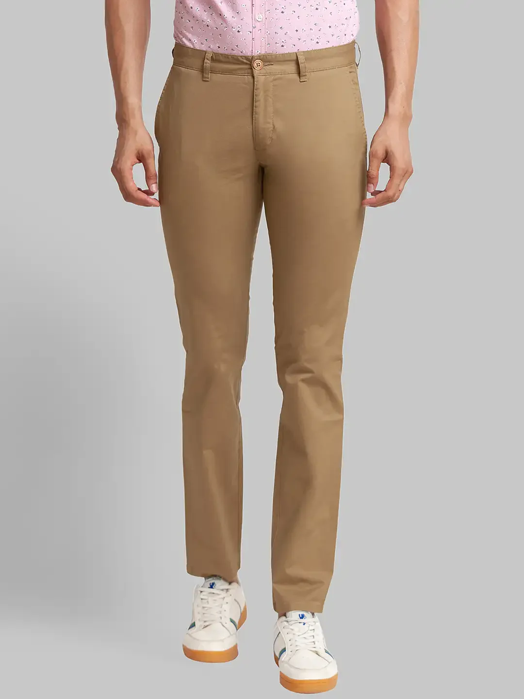Men Khaki Low Rise Tapered Fit Solid Cotton Blend Trouser