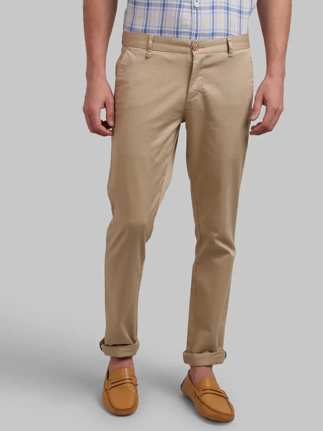 Men Khaki Low Rise Tapered Fit Solid Cotton Blend Trouser