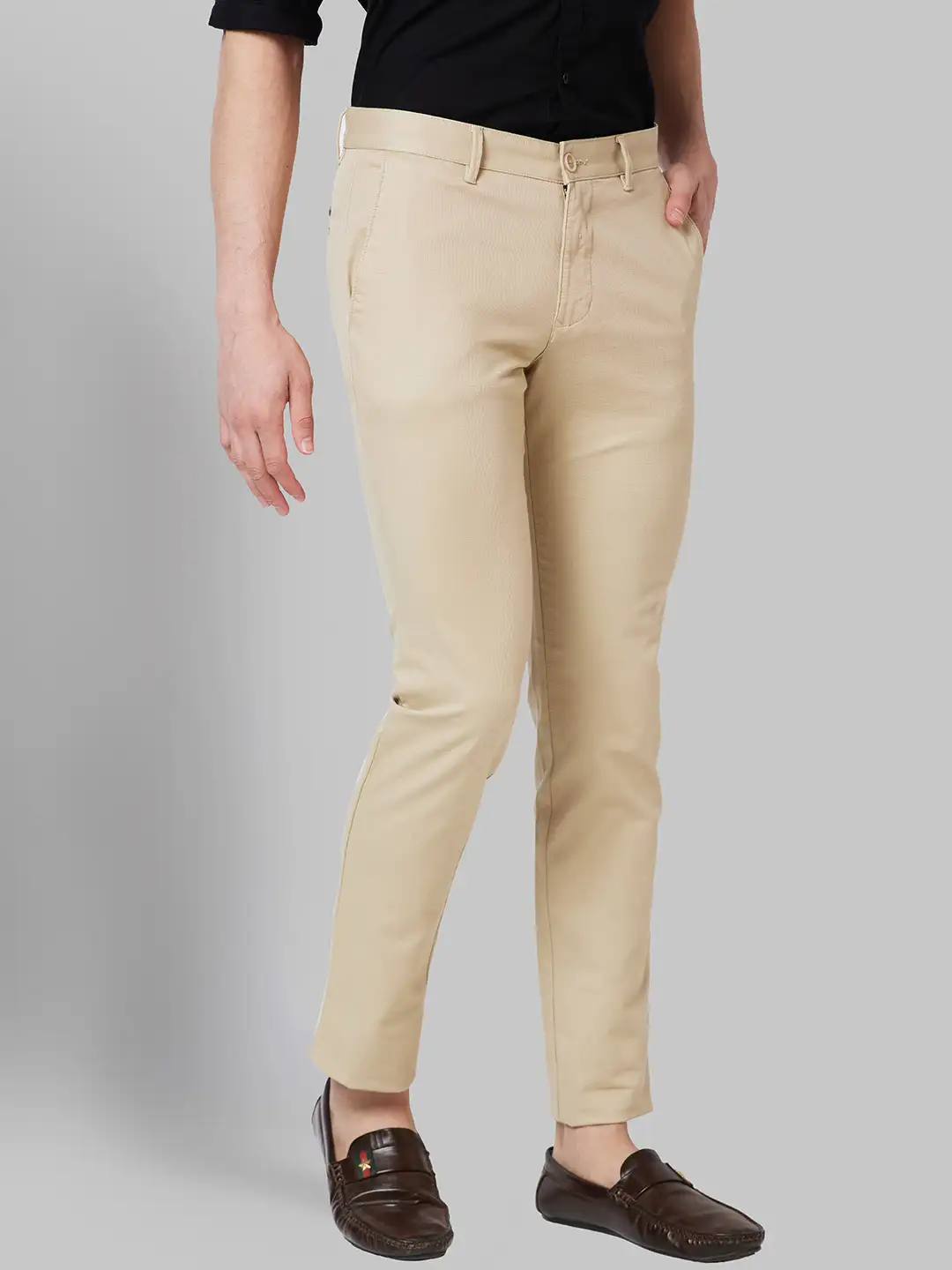 Men Khaki Lrt Fit Solid Cotton Blend Trouser - Image 2