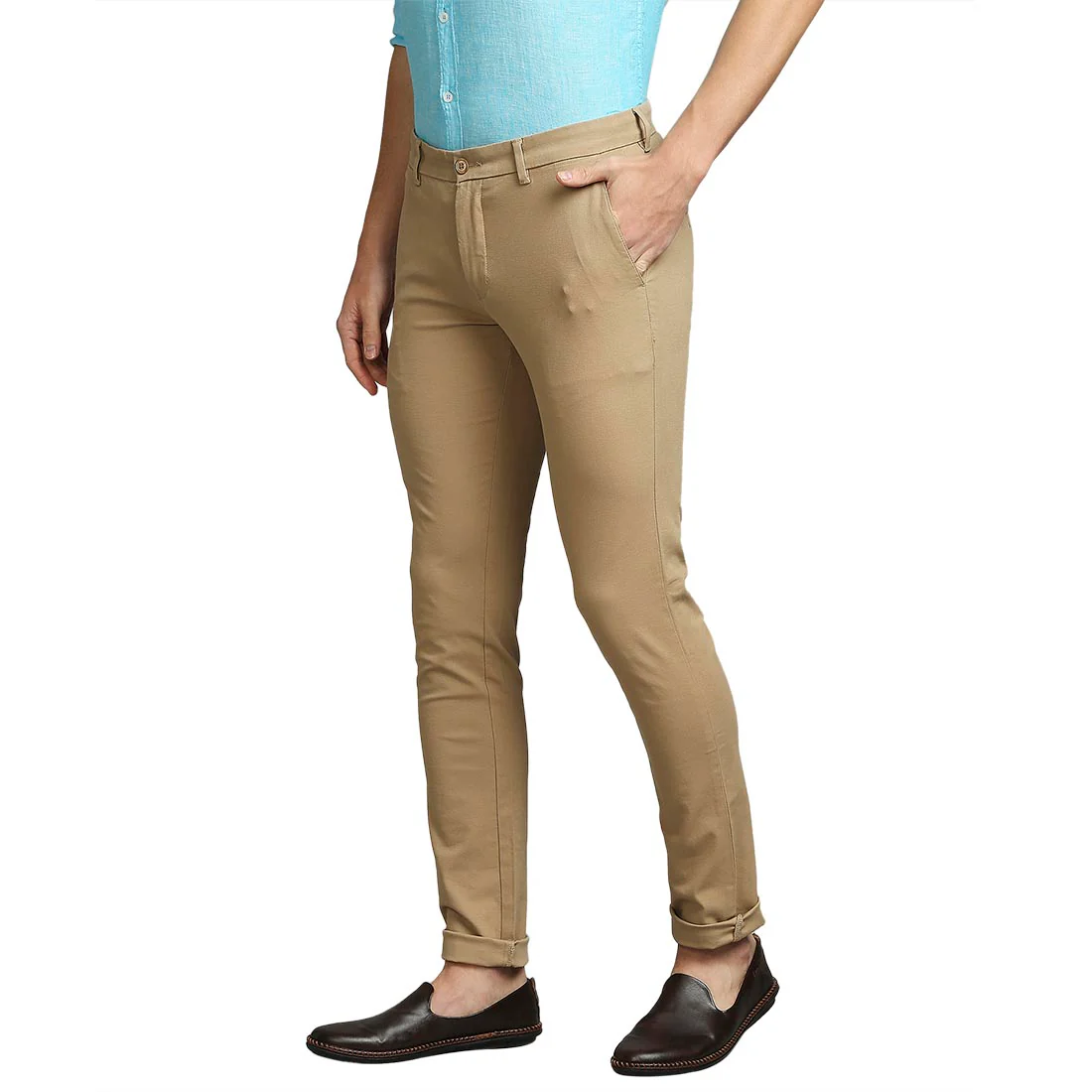 Men Khaki Low Rise Tapered Fit Solid Cotton Blend Trouser - Image 3