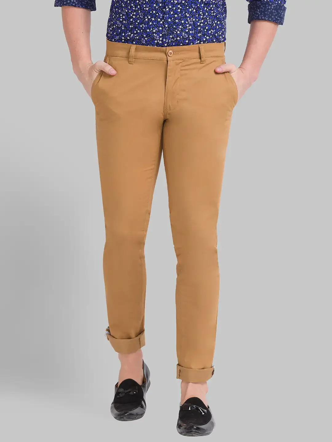 Men Khaki Lrt Fit Solid Cotton Blend Trouser