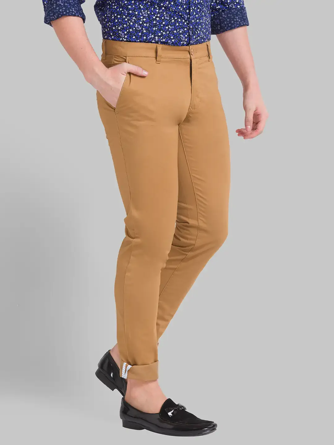 Men Khaki Lrt Fit Solid Cotton Blend Trouser - Image 2
