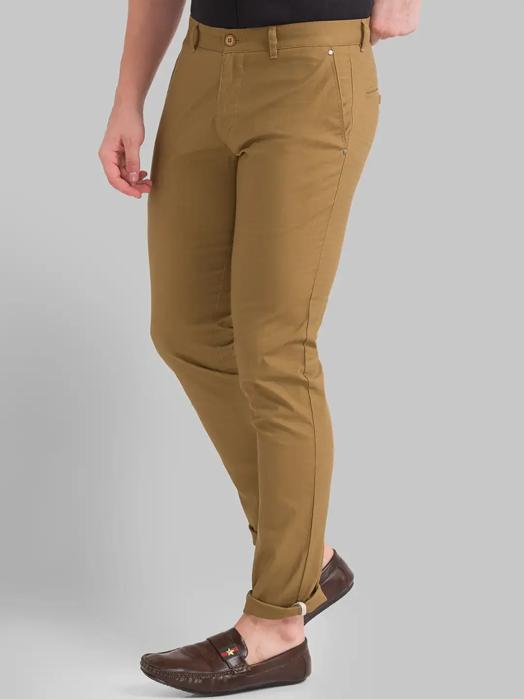 Men Khaki Lrt Fit Solid Cotton Blend Trouser - Image 3