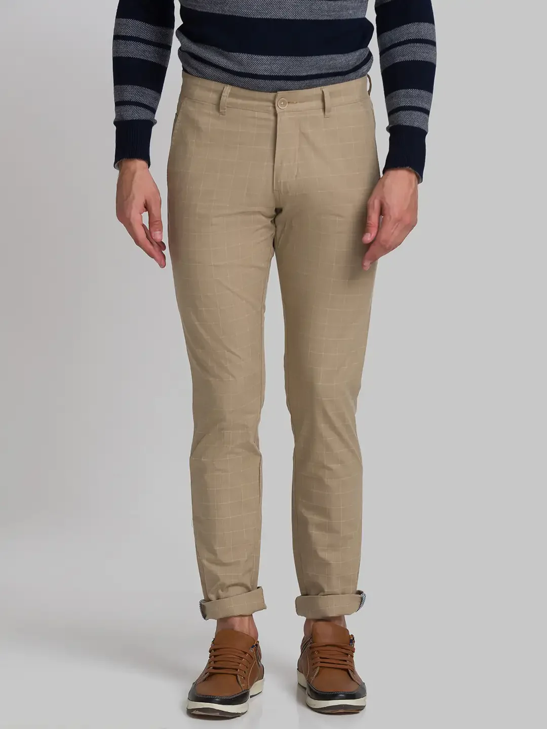 Men Khaki Lrt Fit Yarn Dyed Cotton Blend Trouser