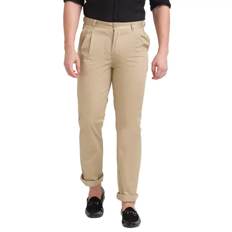 Men Khaki Regular Fit Solid Cotton Blend Trouser