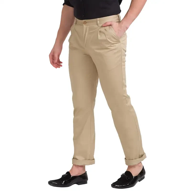 Men Khaki Regular Fit Solid Cotton Blend Trouser - Image 3