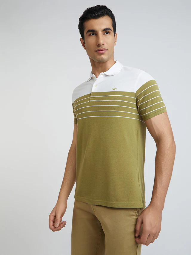 Park Avenue Men Khaki Slim Fit Stripe Polo Neck Collar T-Shirt - Image 3