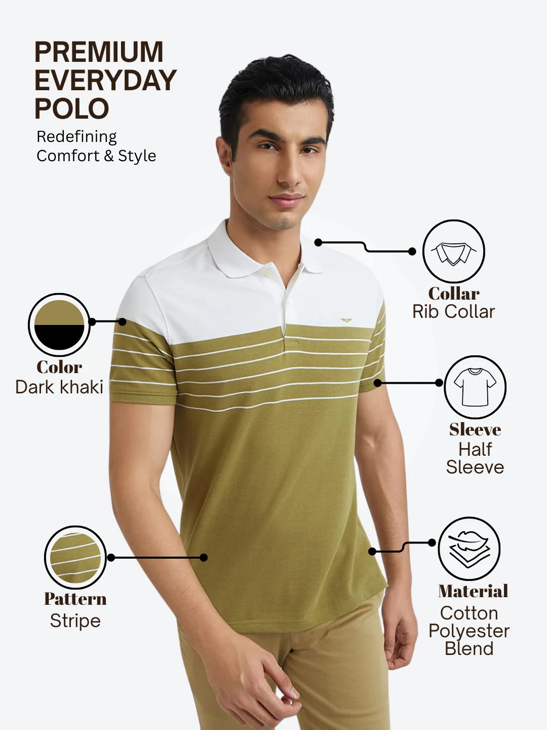 Park Avenue Men Khaki Slim Fit Stripe Polo Neck Collar T-Shirt - Image 4