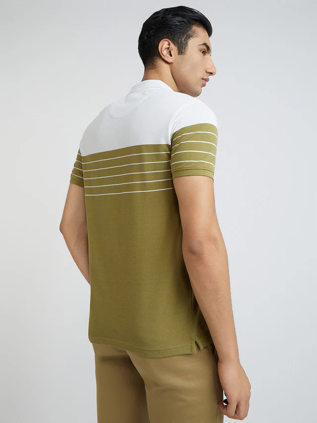 Park Avenue Men Khaki Slim Fit Stripe Polo Neck Collar T-Shirt - Image 5