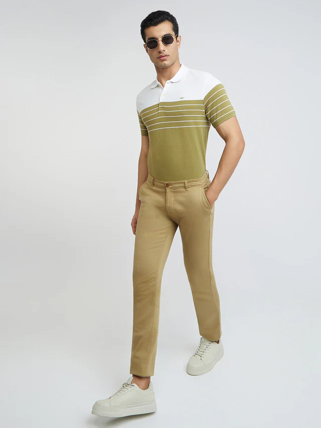 Park Avenue Men Khaki Slim Fit Stripe Polo Neck Collar T-Shirt - Image 6