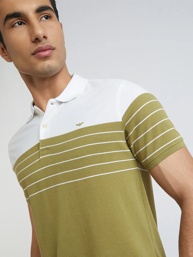 Park Avenue Men Khaki Slim Fit Stripe Polo Neck Collar T-Shirt - Image 7