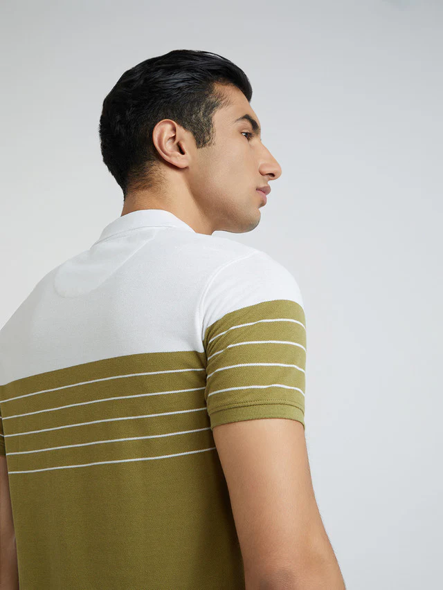 Park Avenue Men Khaki Slim Fit Stripe Polo Neck Collar T-Shirt - Image 8
