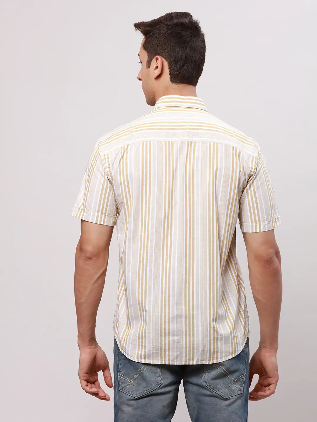Park Avenue Men Khaki Slim Fit Stripe Casual Shirt - Image 5