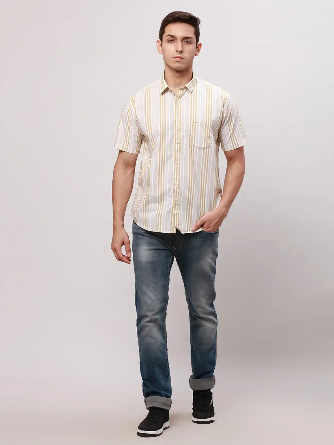 Park Avenue Men Khaki Slim Fit Stripe Casual Shirt - Image 6