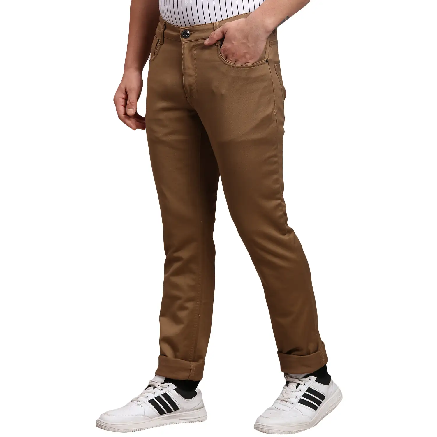 Men Khaki Slim Tapered Fit Jacquard Cotton Blend Jeans - Image 3