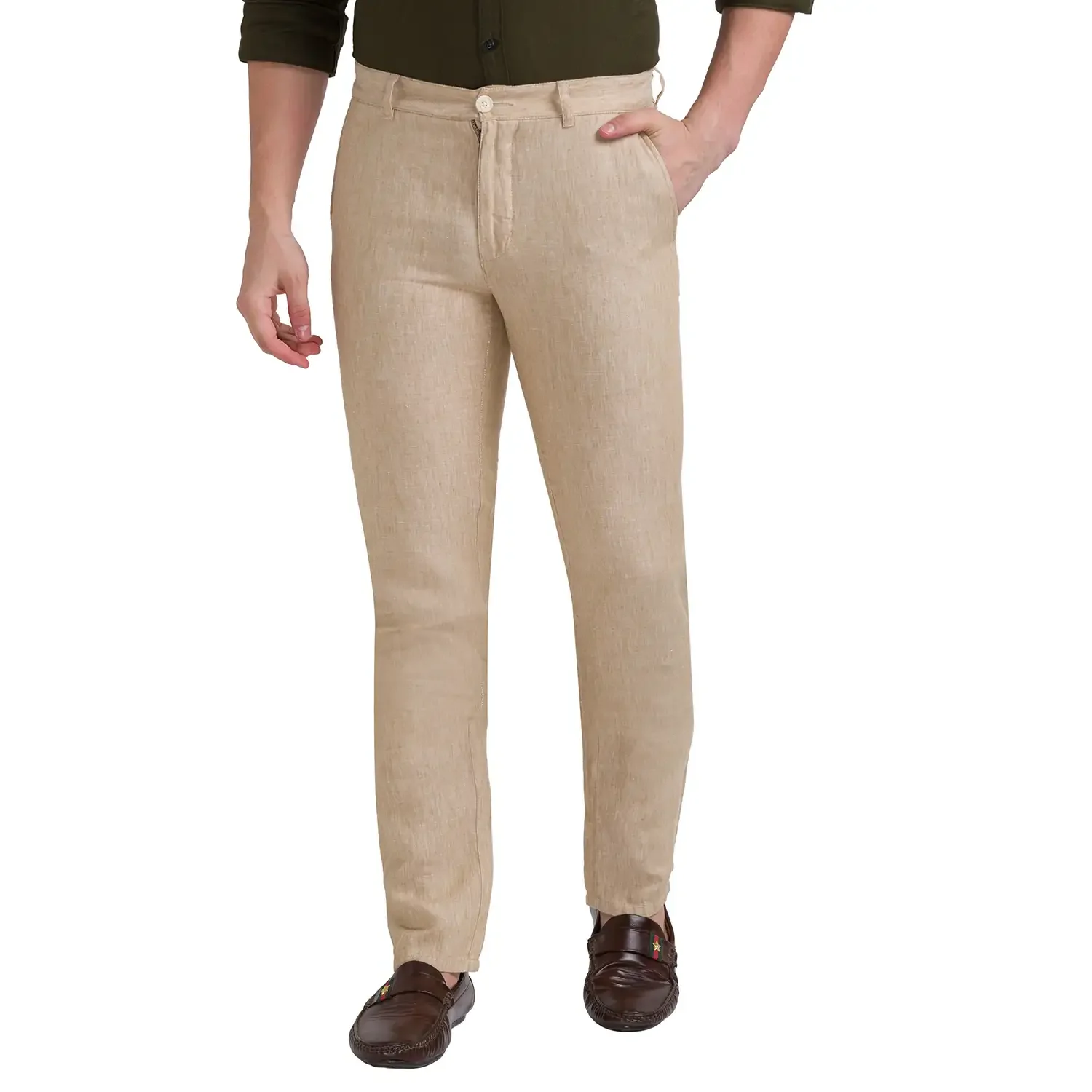 Men Khaki Slim Tapered Fit Yarn Dyed Linen Trouser