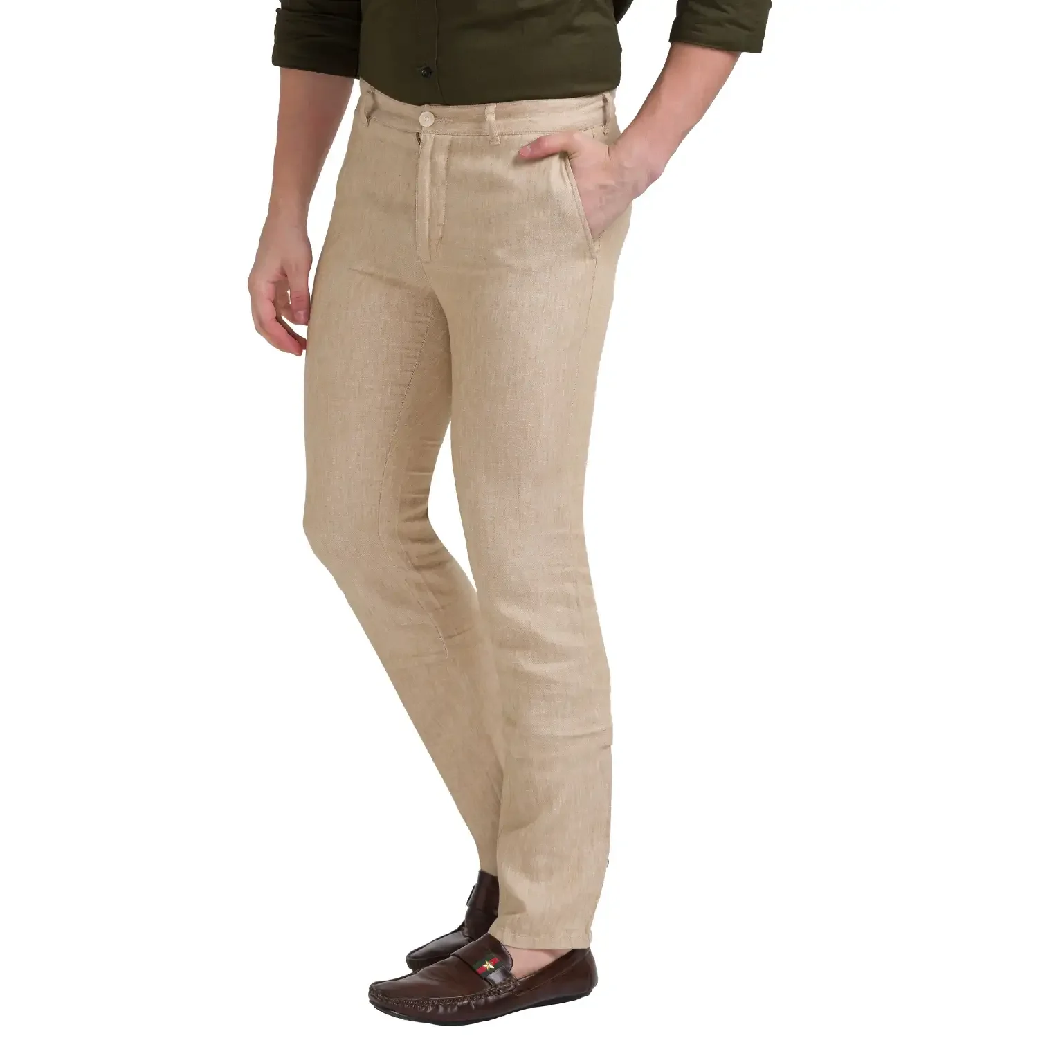 Men Khaki Slim Tapered Fit Yarn Dyed Linen Trouser - Image 2