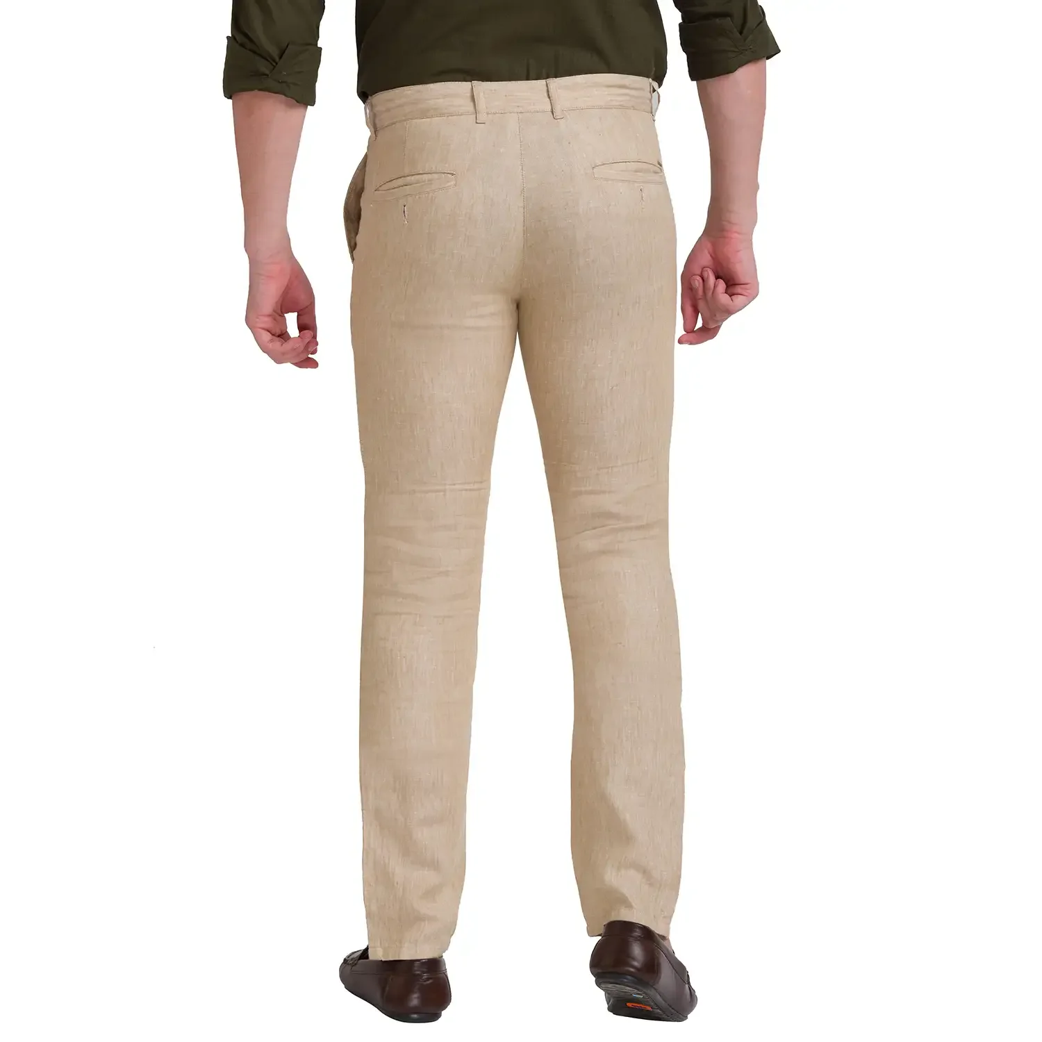 Men Khaki Slim Tapered Fit Yarn Dyed Linen Trouser - Image 3