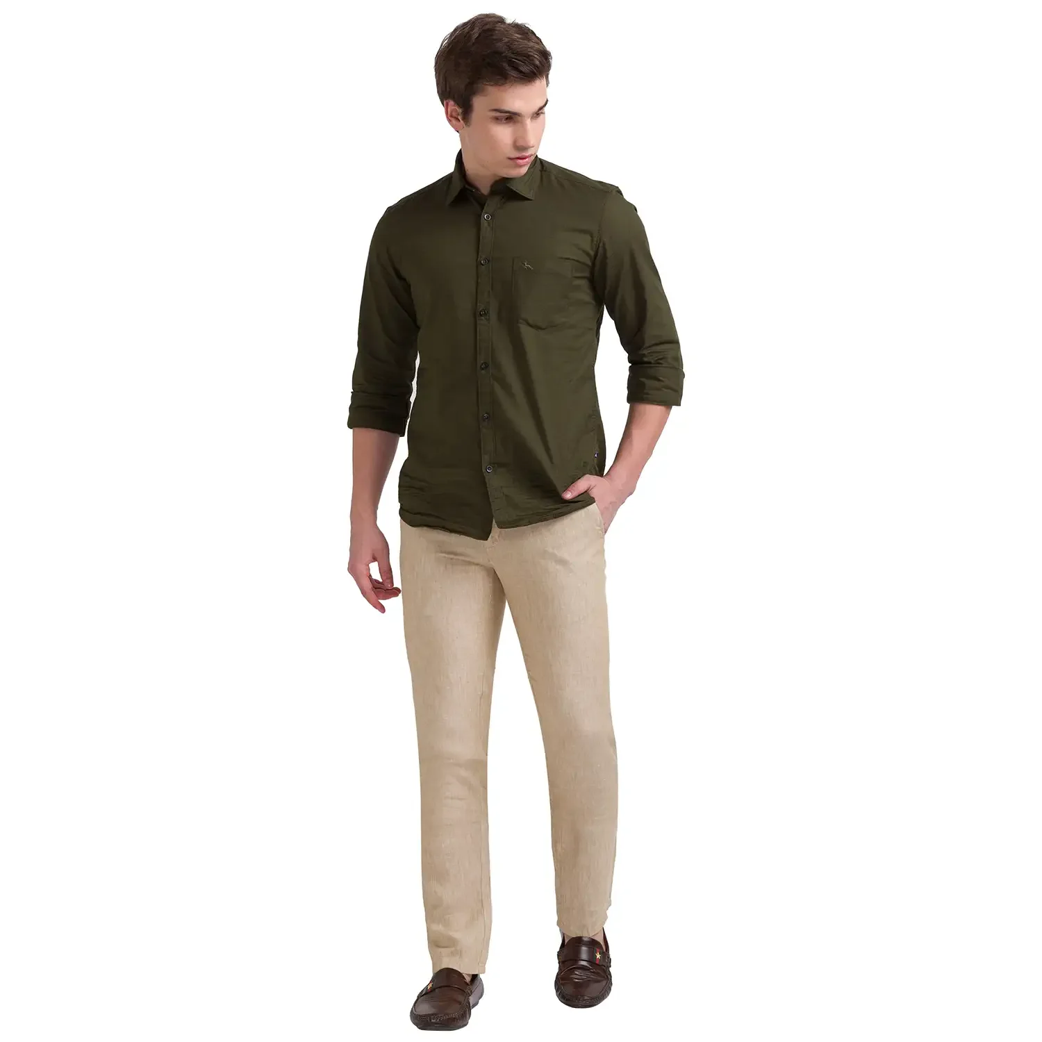 Men Khaki Slim Tapered Fit Yarn Dyed Linen Trouser - Image 4