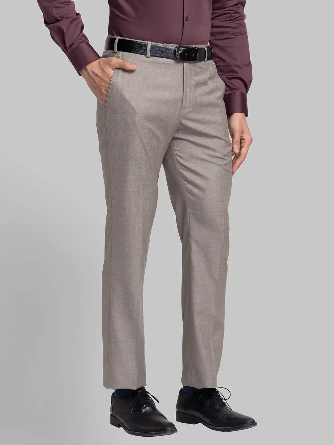 Men Khaki Smart Fit Structure Cotton Trouser - Image 2