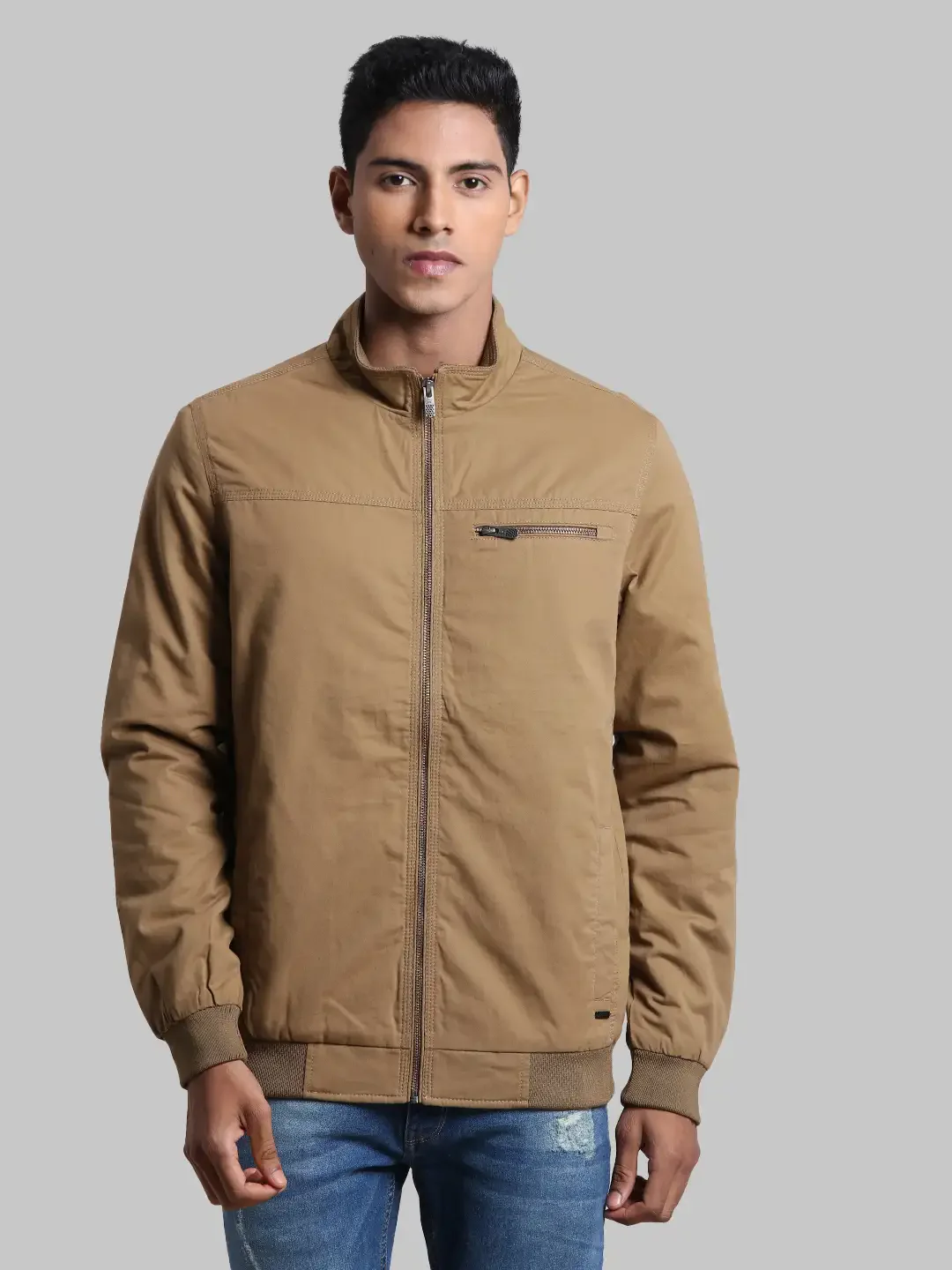 Men Khaki Solid Cotton Full Sleeve Jackets