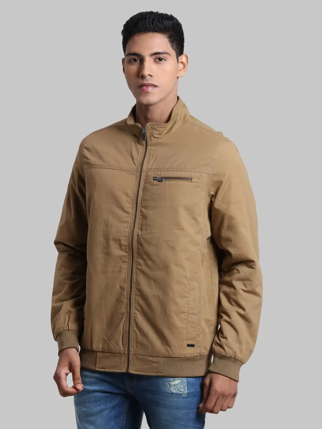 Men Khaki Solid Cotton Full Sleeve Jackets - Image 3
