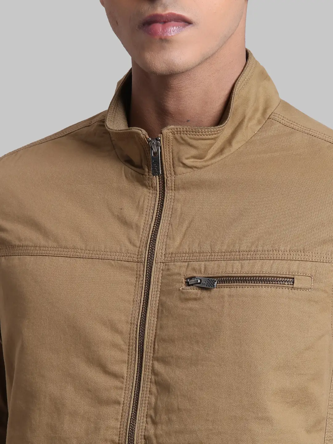 Men Khaki Solid Cotton Full Sleeve Jackets - Image 6