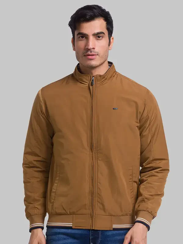 Men Khaki Solid Polyester Full Sleeve Jackets